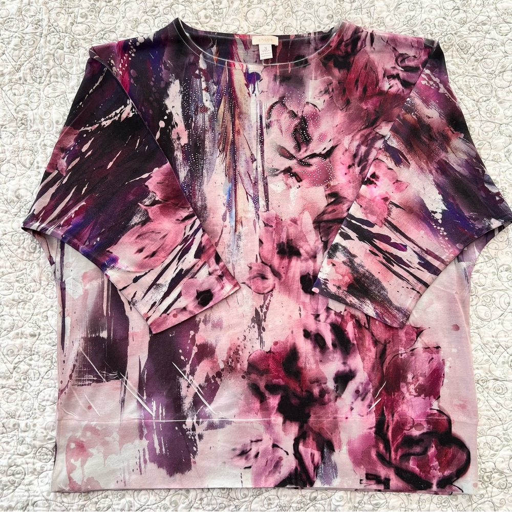 Chico's Pink & Purple Abstract 3/4 Sleeve Blouse Boho Bejeweled